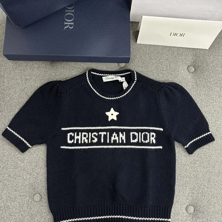 Dior Summer five-pointed star embroidered short-sleeved wool knit sweater